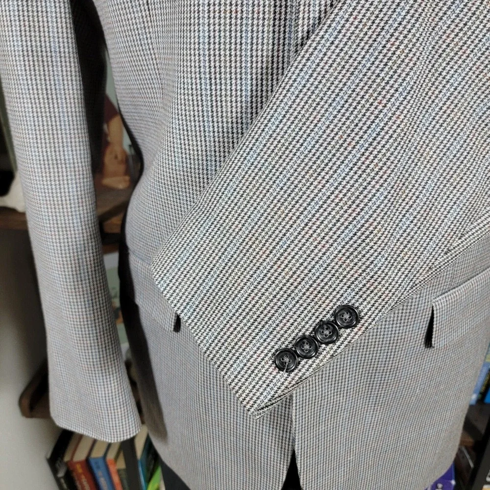 Jones New York Men's Sport Coat Three Button Gray Houndstooth Silk Wool Size 40L